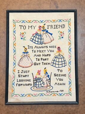 Vintage- 1938 Hand-Stitched Friendship Cross Stitch Sampler -Signed Ruthanne